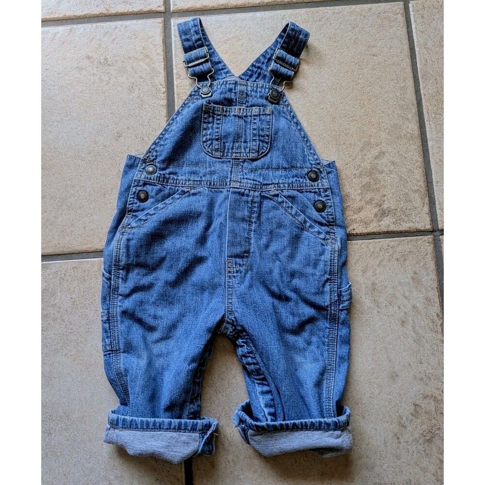 Baby Gap Blue Denim Cotton Overalls 12-18M Unisex Jersey Lined Bear Embroidery